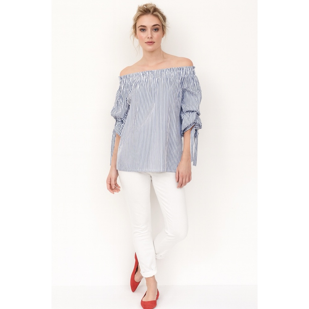 Off the Shoulder Top Blue & White Pinstripe Top Size L